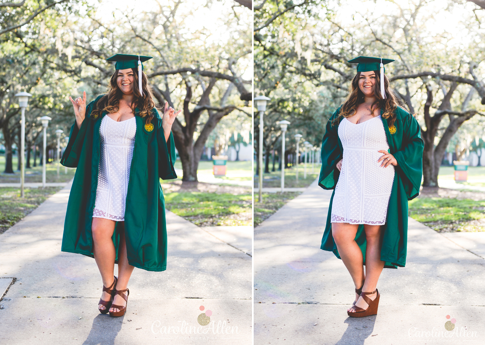 posing, green, cap and gown, graduation