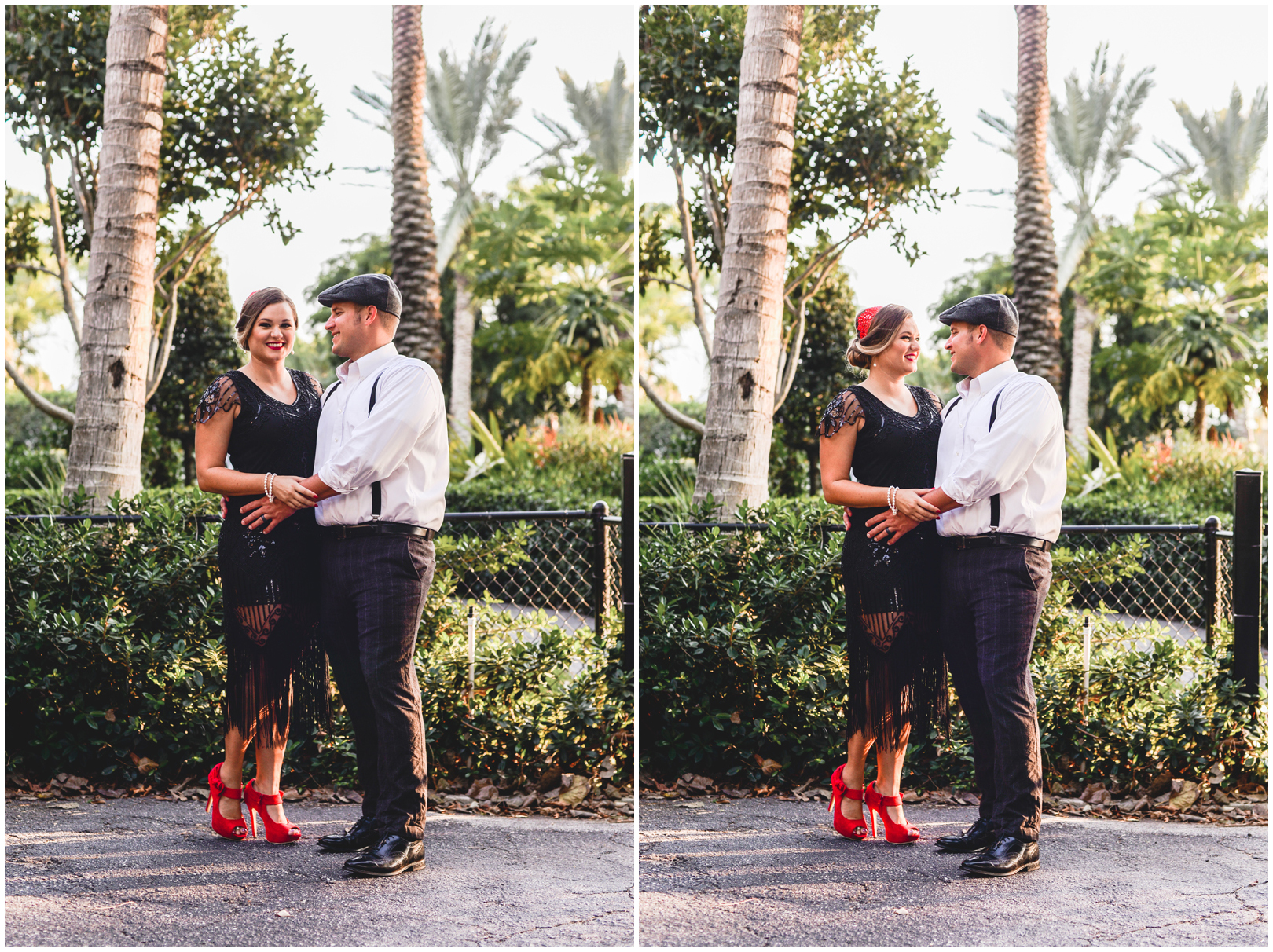 couple, prohibition, red shoes, fence, palm trees