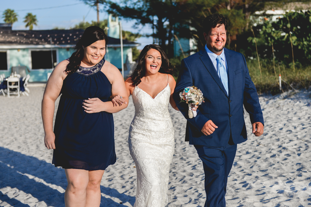bride, smiling, walking, isle, beach, wedding