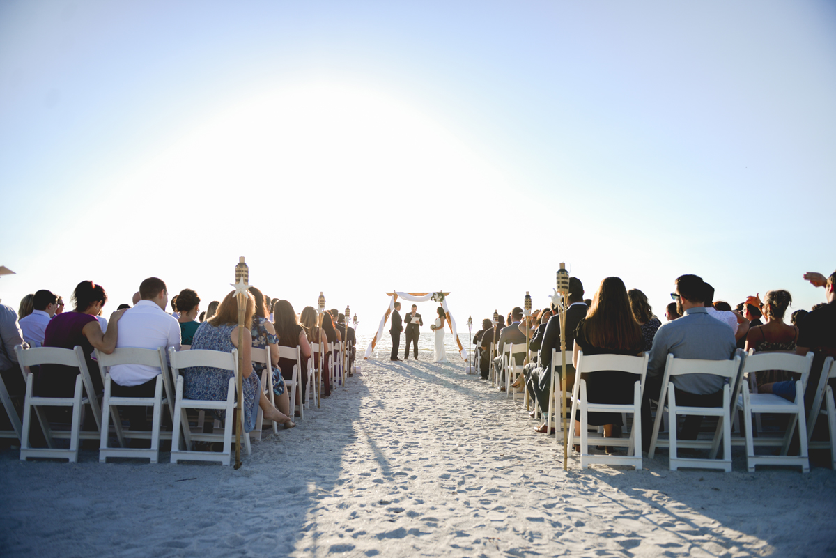 ceremony, beach, wedding, bride, groom, sun