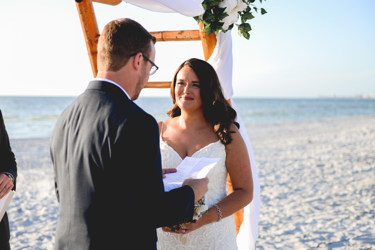 bride, vows, beach, wedding, smiling 