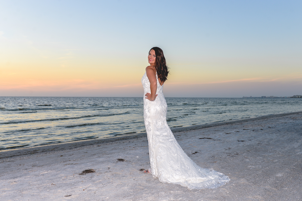 bride, beach, sunset, sand, wedding dress