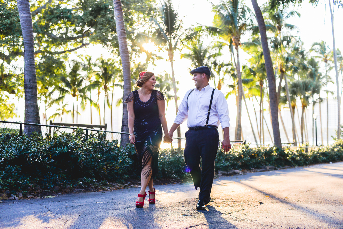 holding hands, walking, husband, wife, palm trees, red heels