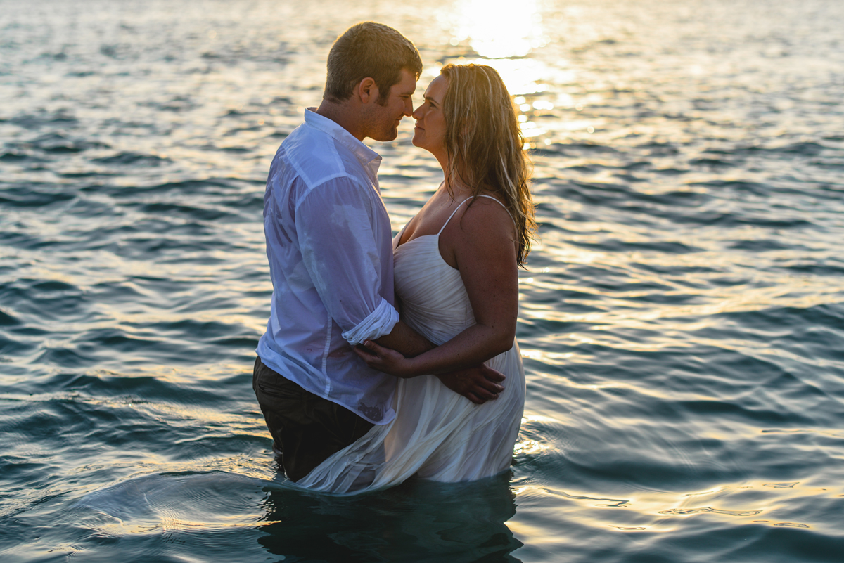ocean, water, sunset, couple, kissing, romantic
