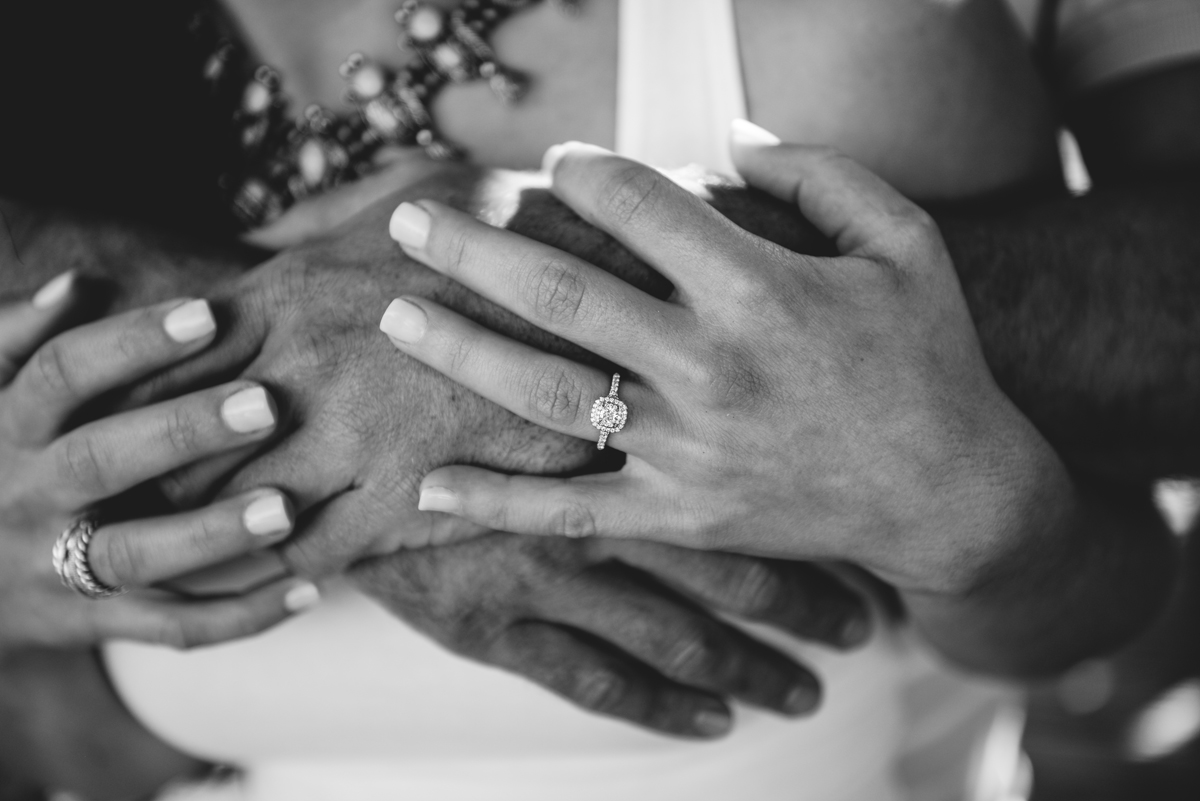 black and white, portrait, couple, holding hand, ring, detail