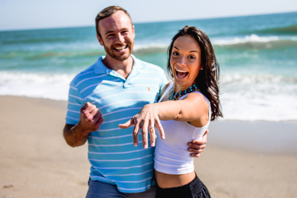 celebrating, couple, engaged, beach, ocean