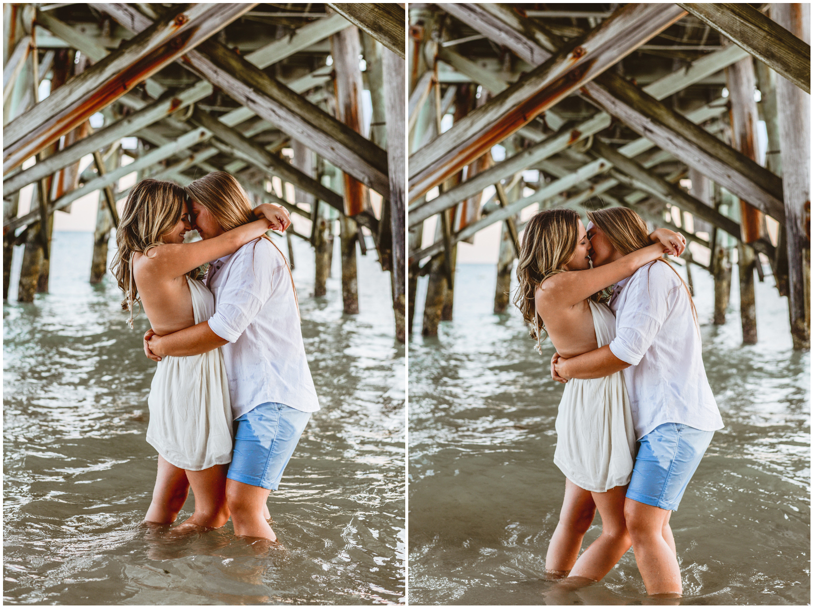 pier, wood, ocean, kissing, girls, water