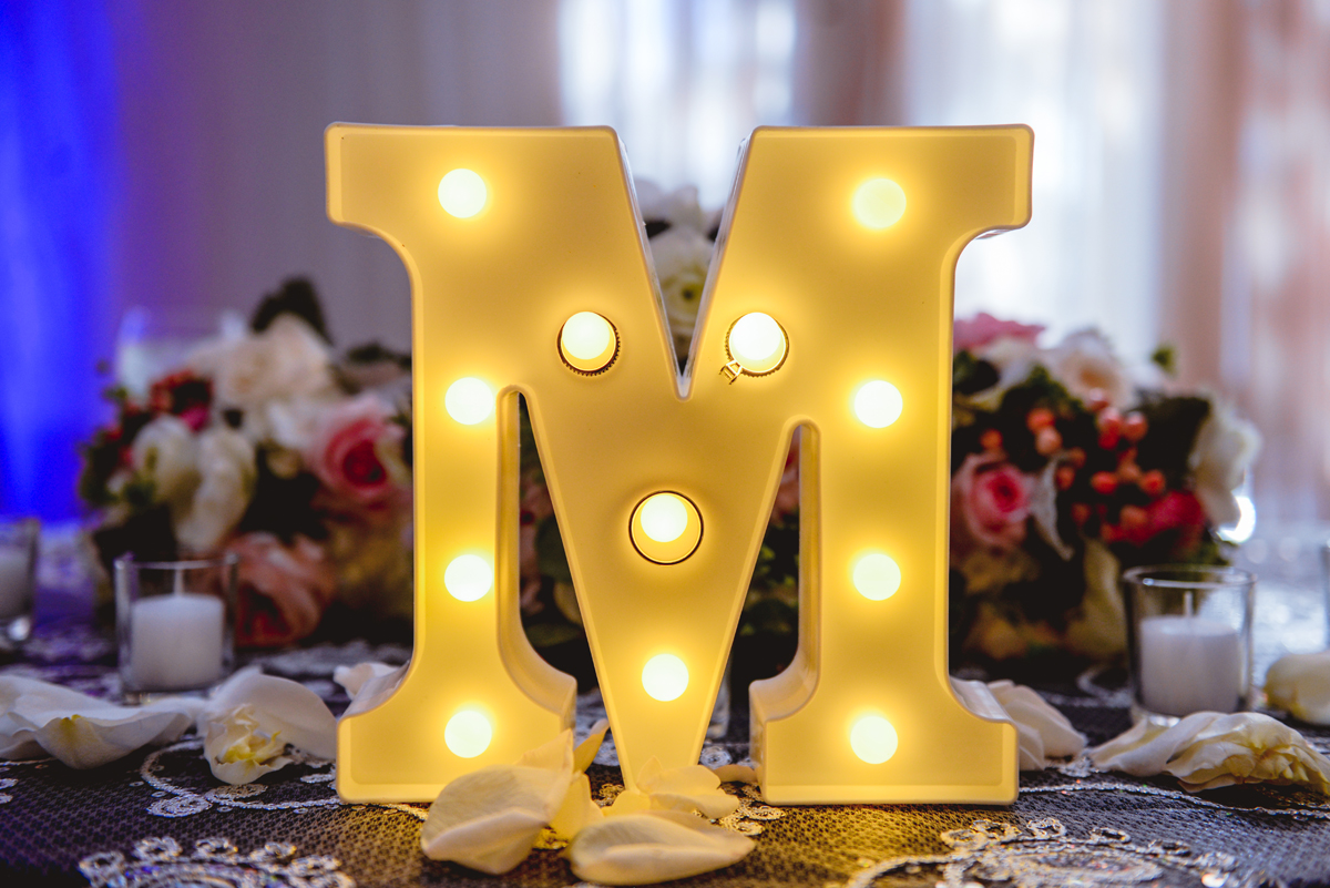 wedding, decor, letter, light, rings