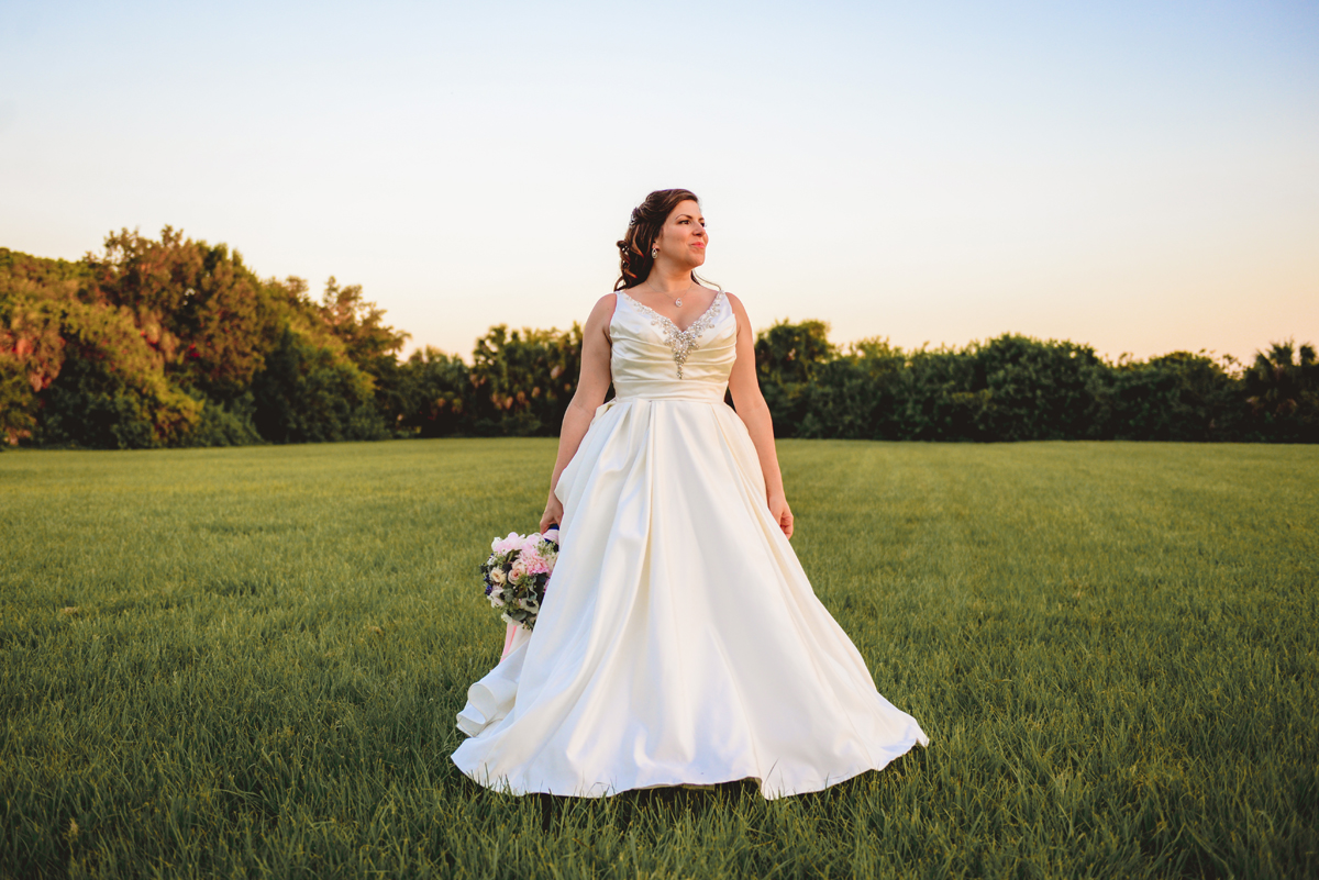 bride, portrait, grass, sunset, field, flowers