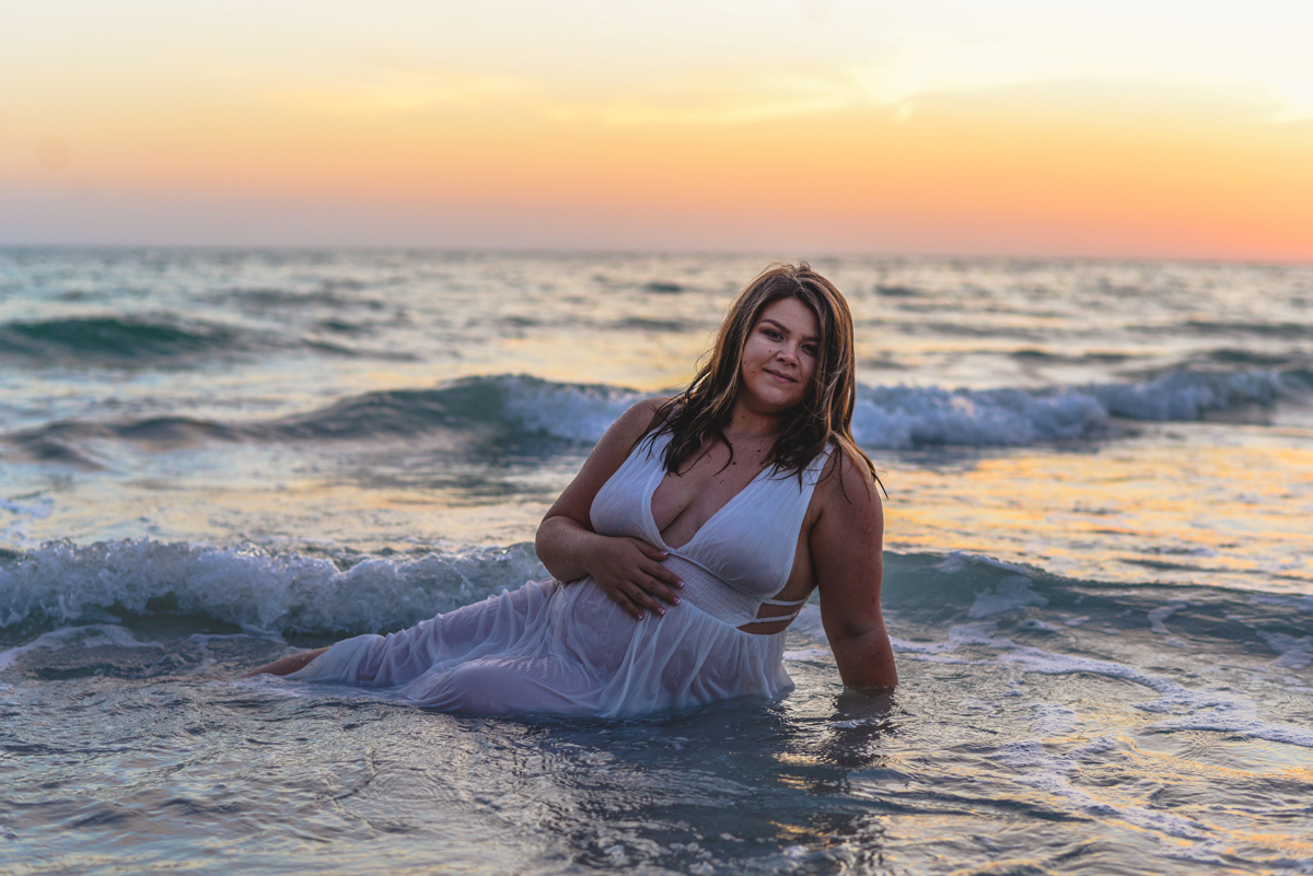 model, water, ocean, sunset, sand, maternity