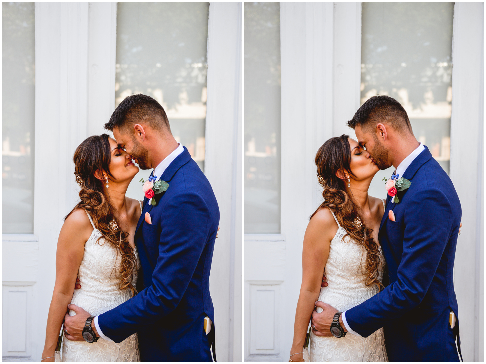 wedding, portrait, bride, groom, kissing