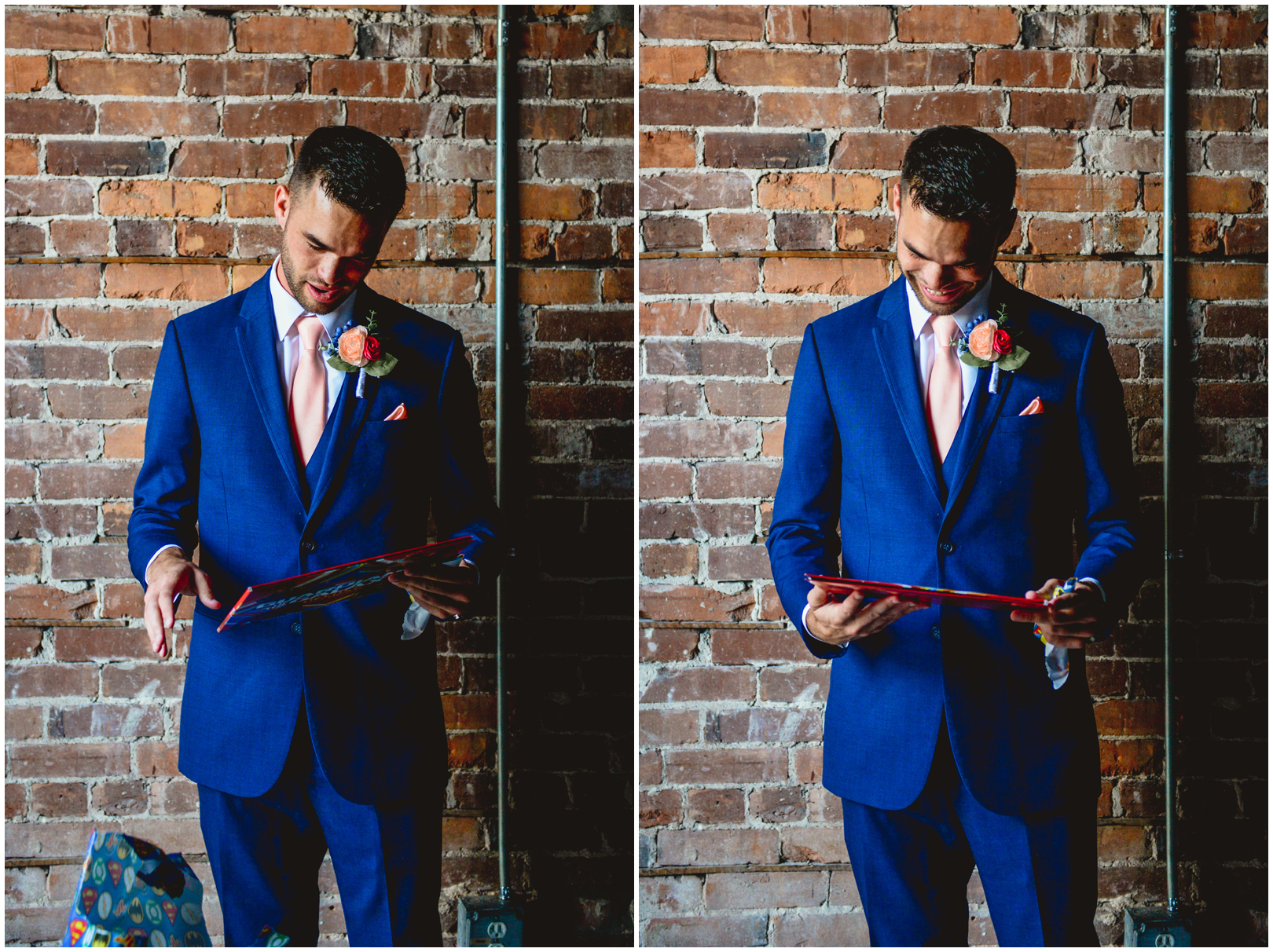 wedding, gift, groom, smiling, brick