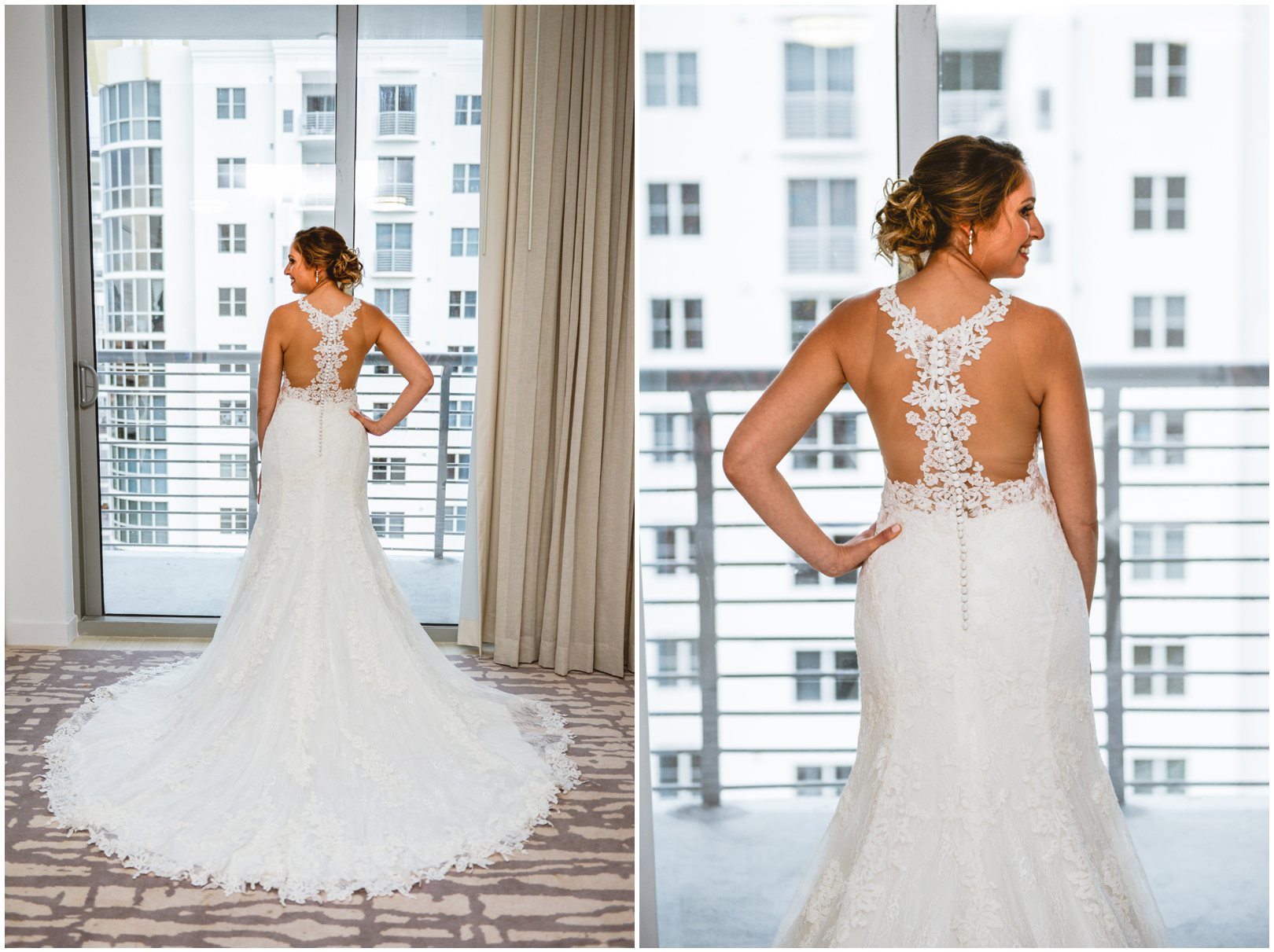 wedding dress, back, detail, lace, window, city