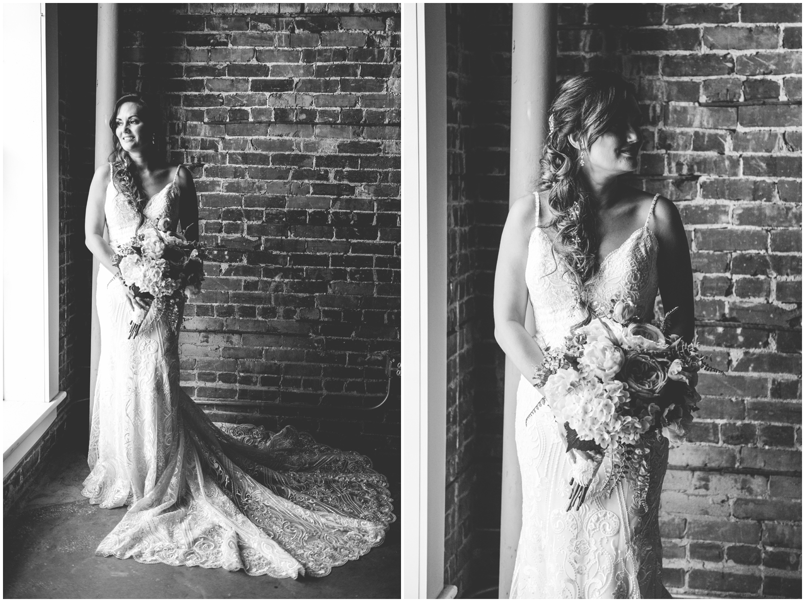 black and white, bridal portrait, portrait, brick, window