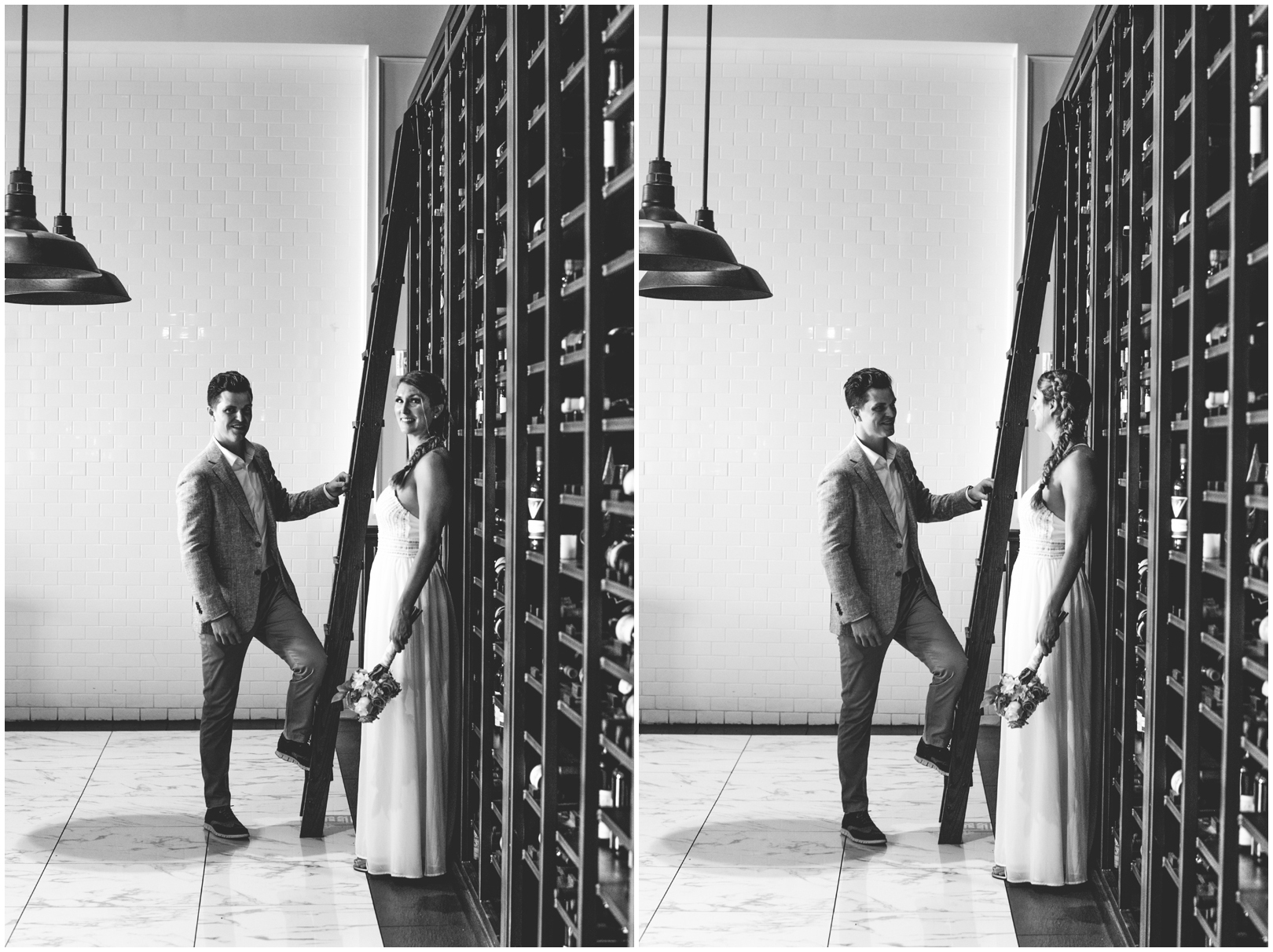 black and white, portrait, ladder, bookshelf