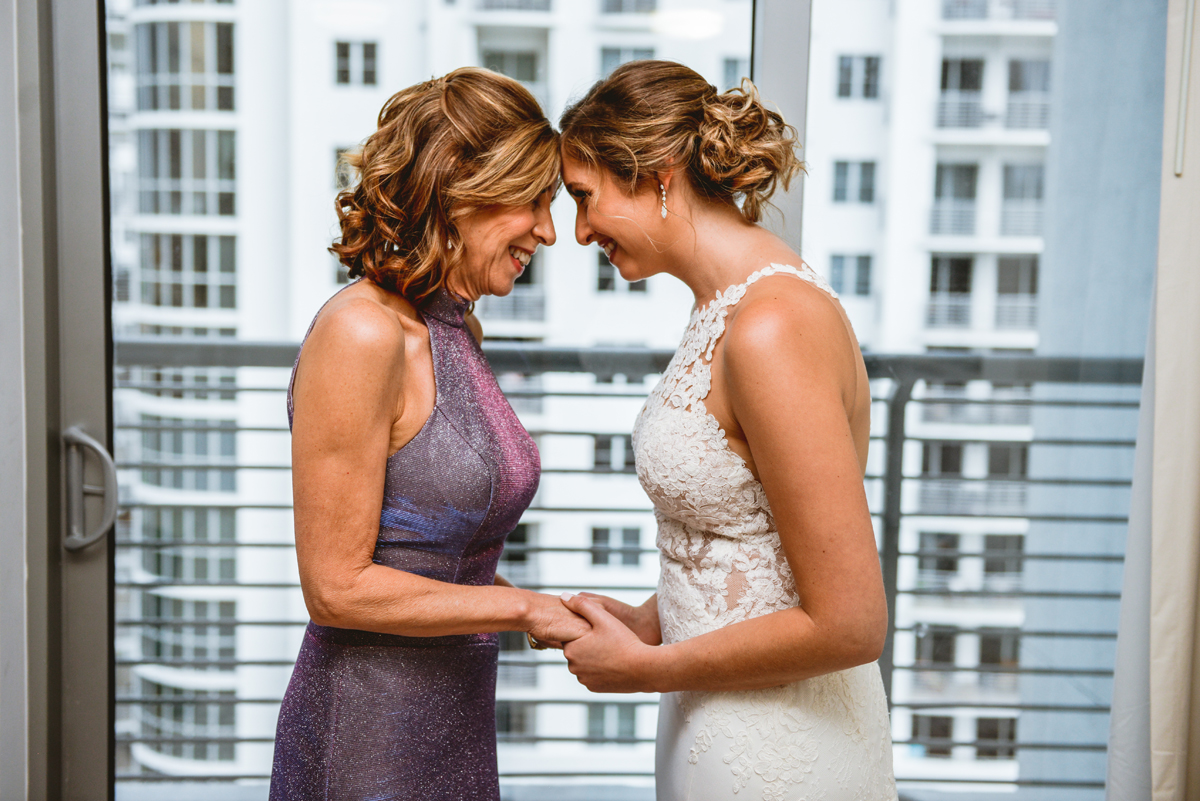 mother, bride, city, buildings