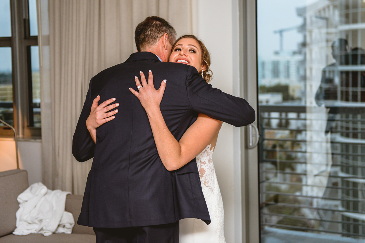 hugging, bride, father, hotel, window