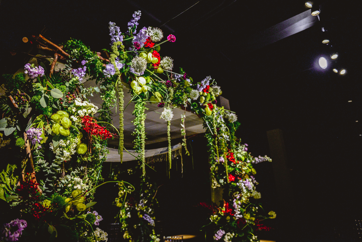 flowers, gallery, arch, wedding, lights