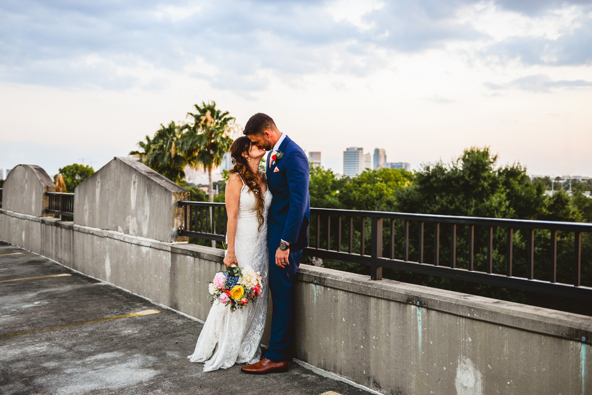 kissing, rooftop, downtown, skyline, palm trees