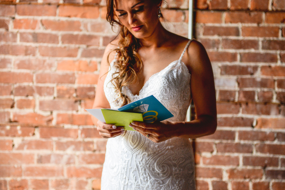 bride, card, reading, note, brick