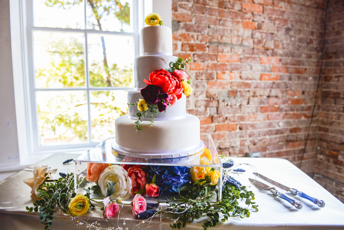 wedding, cake, florals, colorful, brick, dessert 