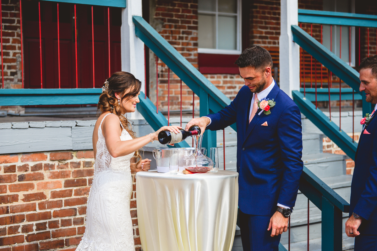 bride, groom, wine, brick, wine