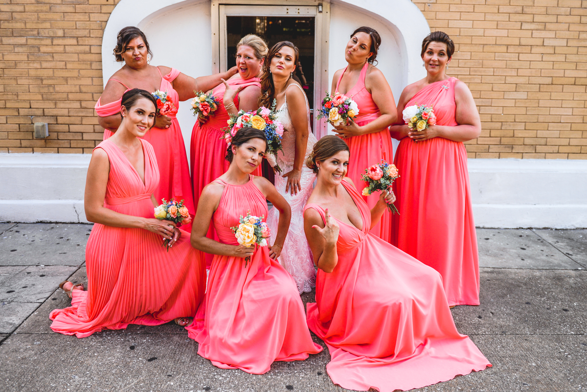 bridesmaids, girls, posing, brick, bride