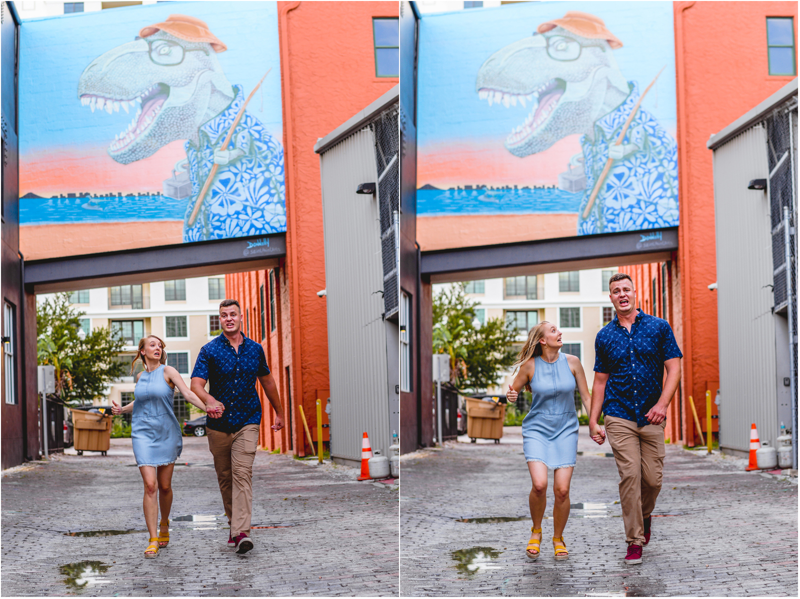 dinosaur, couple, holding hands, brick, silly, running