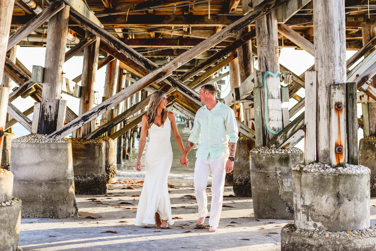 beach, pier, walking, couple, wedding