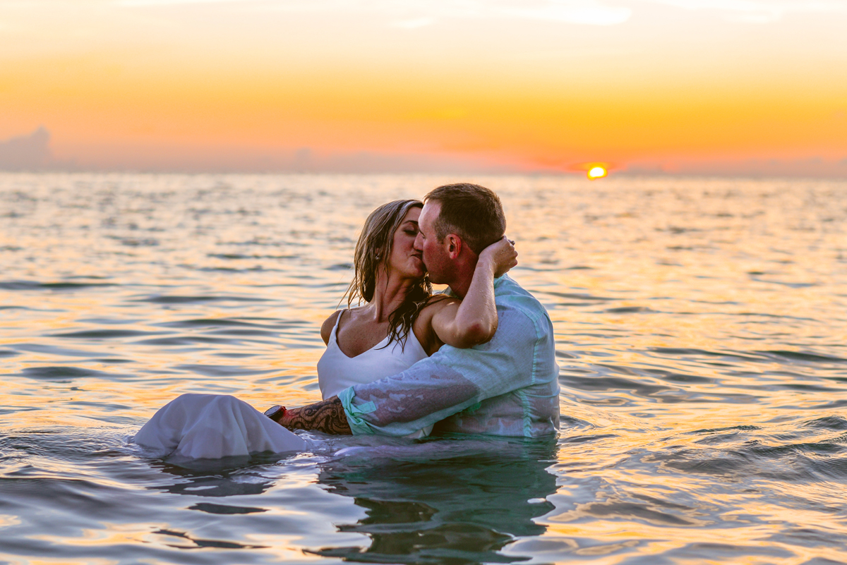 sunset, water, couple, wet, sun