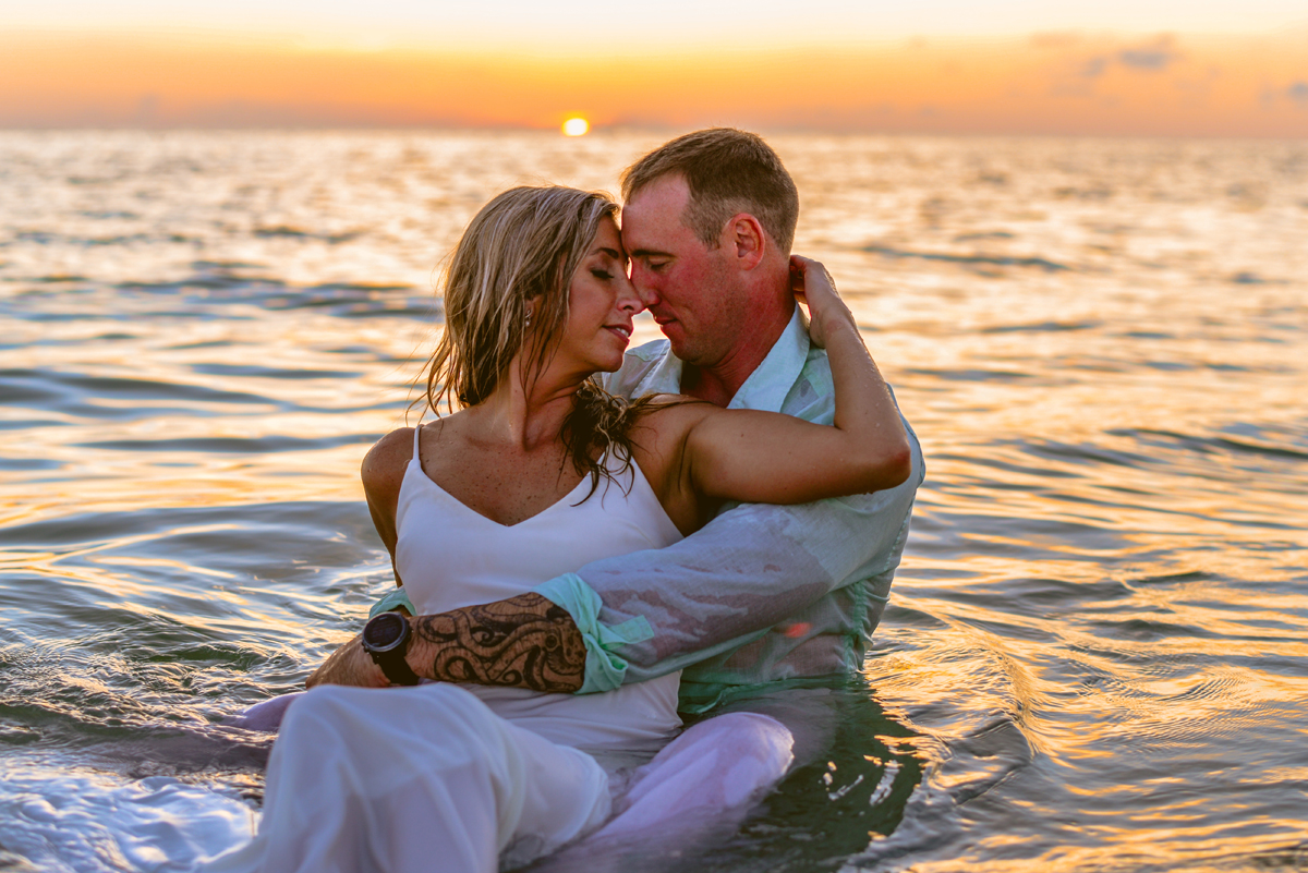 swimming, ocean, water, sunset, couple