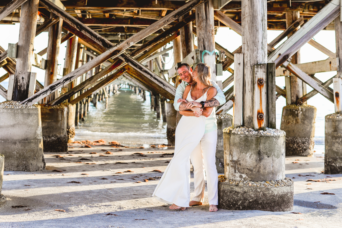 pier, sand, beach, ocean, wedding, bride