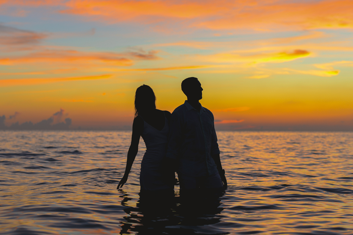 sunset, silhouette, st Pete beach, wedding, bride, groom