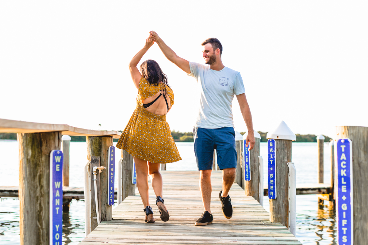 dancing, dock, water, couple, engaged