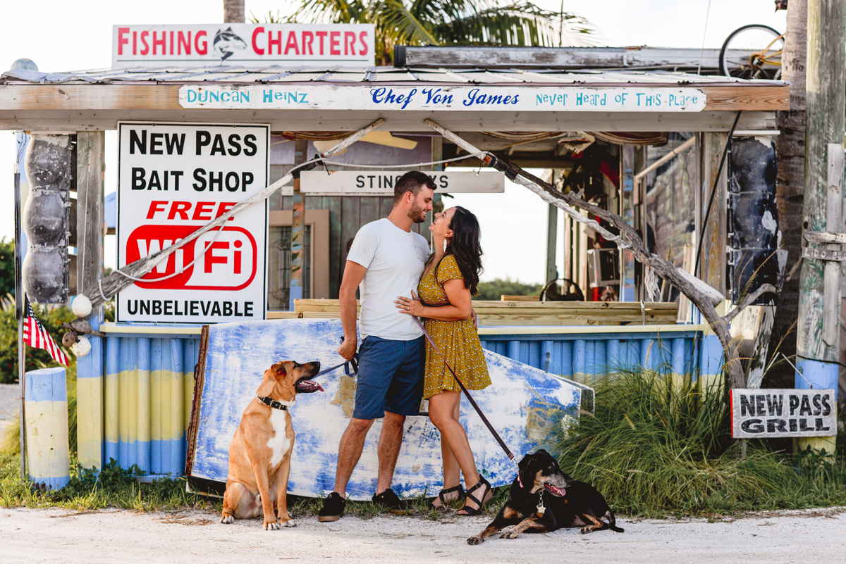 couple, tampa, engagement, bait shop, dogs