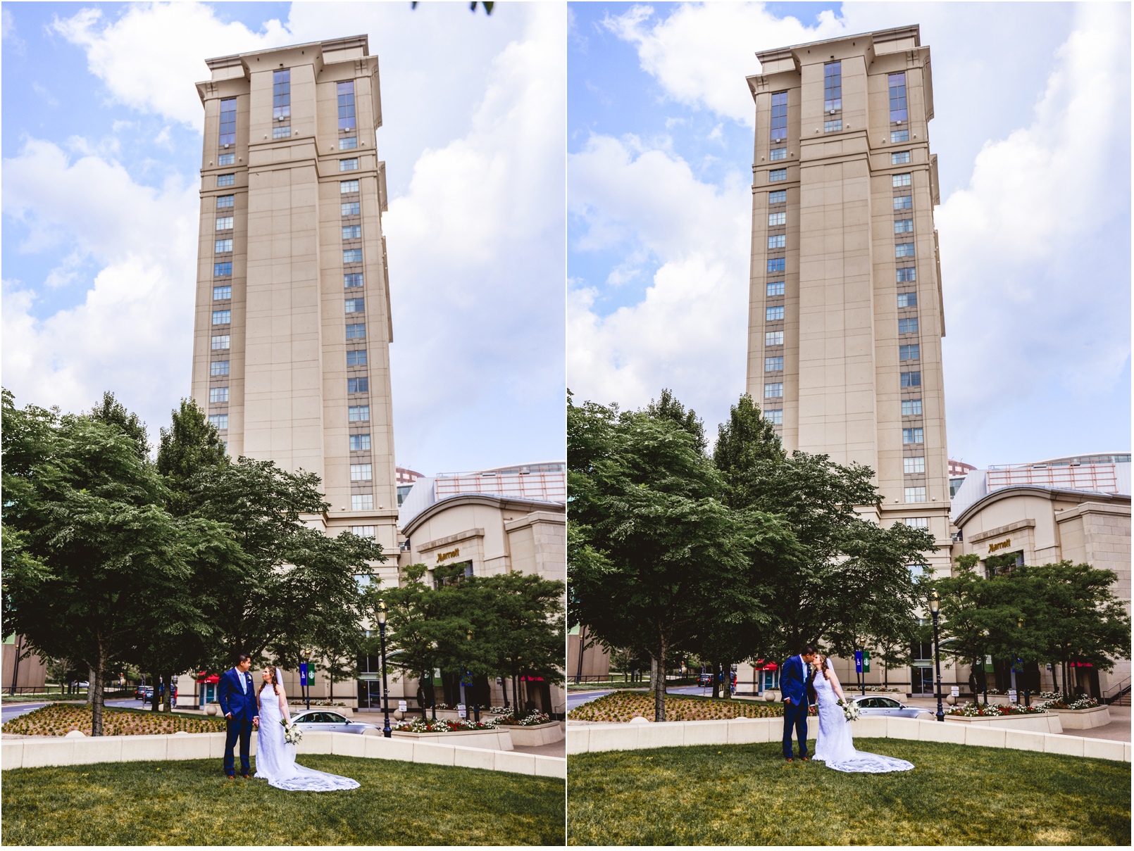 downtown, building, bride, groom, portrait