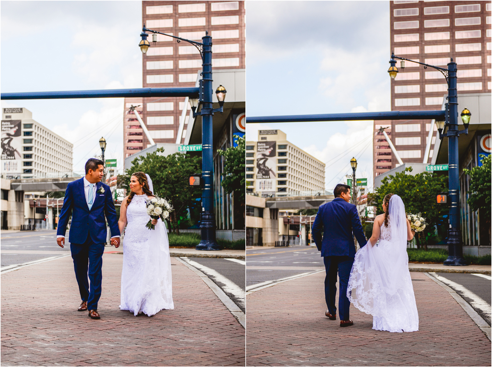 city, downtown, street, wedding, bride, groom