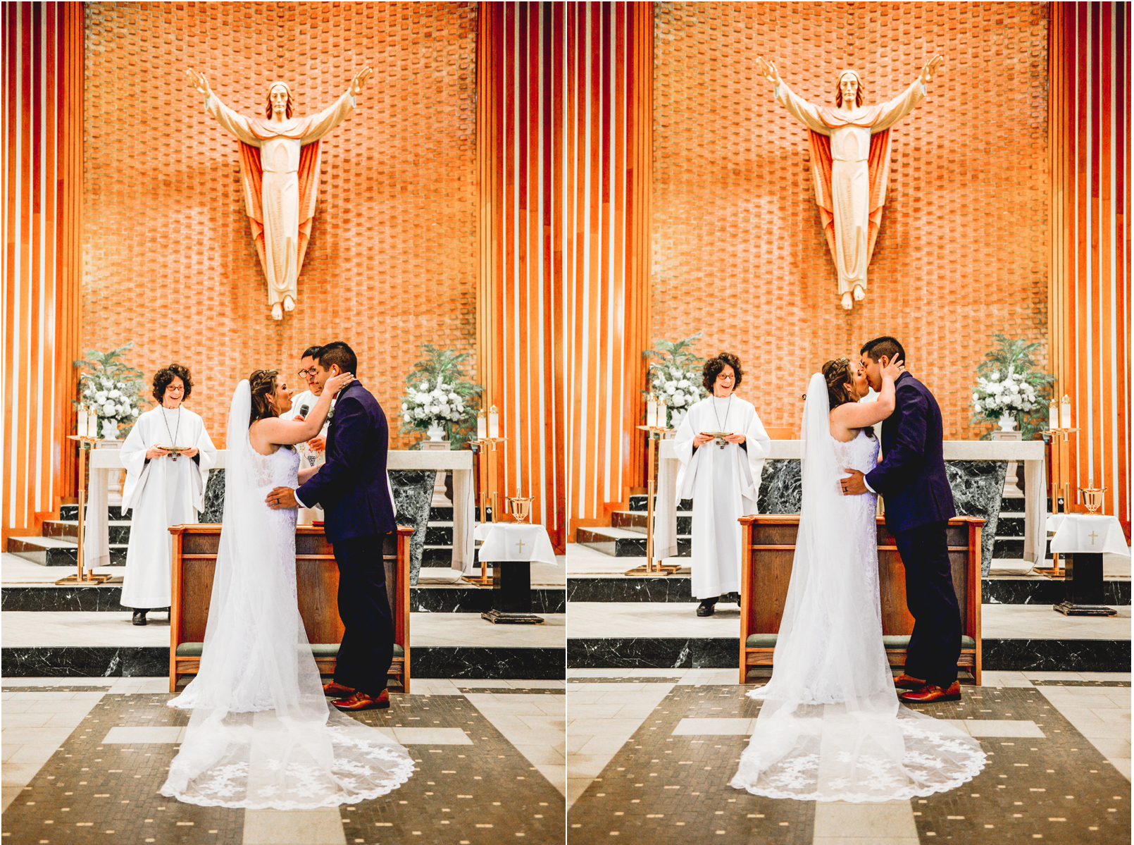 bride, groom, church, wedding, ceremony, first kiss