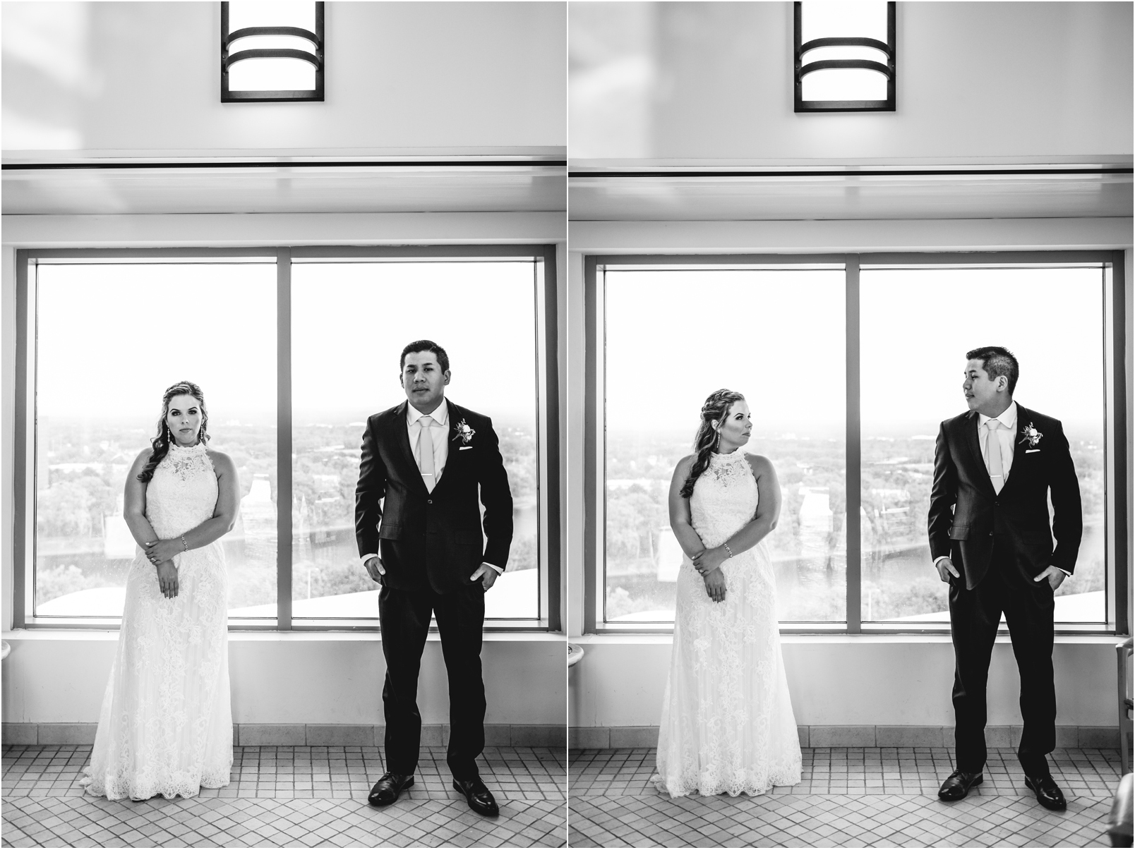 black and white, bride, groom, city, portrait