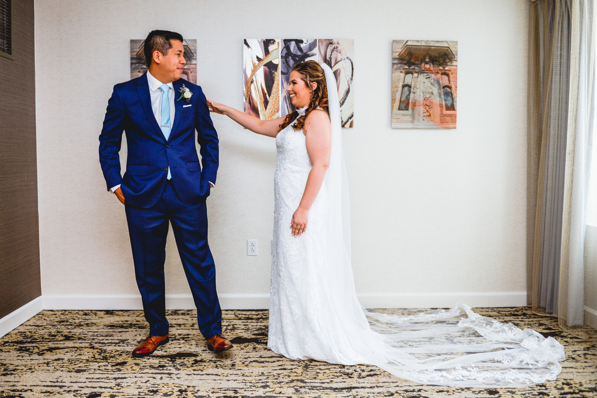 first look, bride, groom, portrait, wedding day