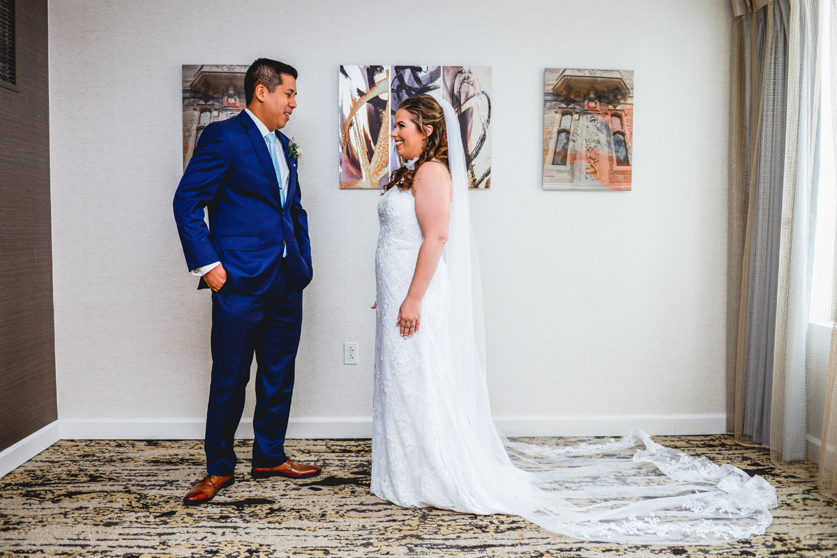 first look, bride, groom, portrait, wedding day
