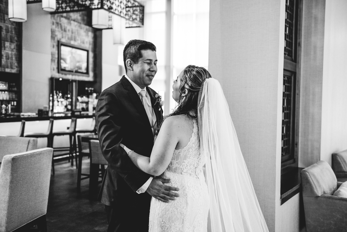 bar, portrait, bride, groom, wedding day