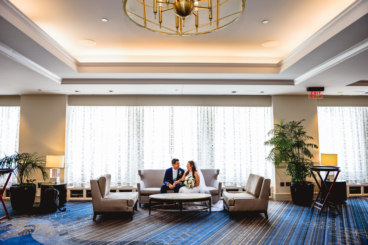 hotel, lobby, bride, groom, wedding, portrait