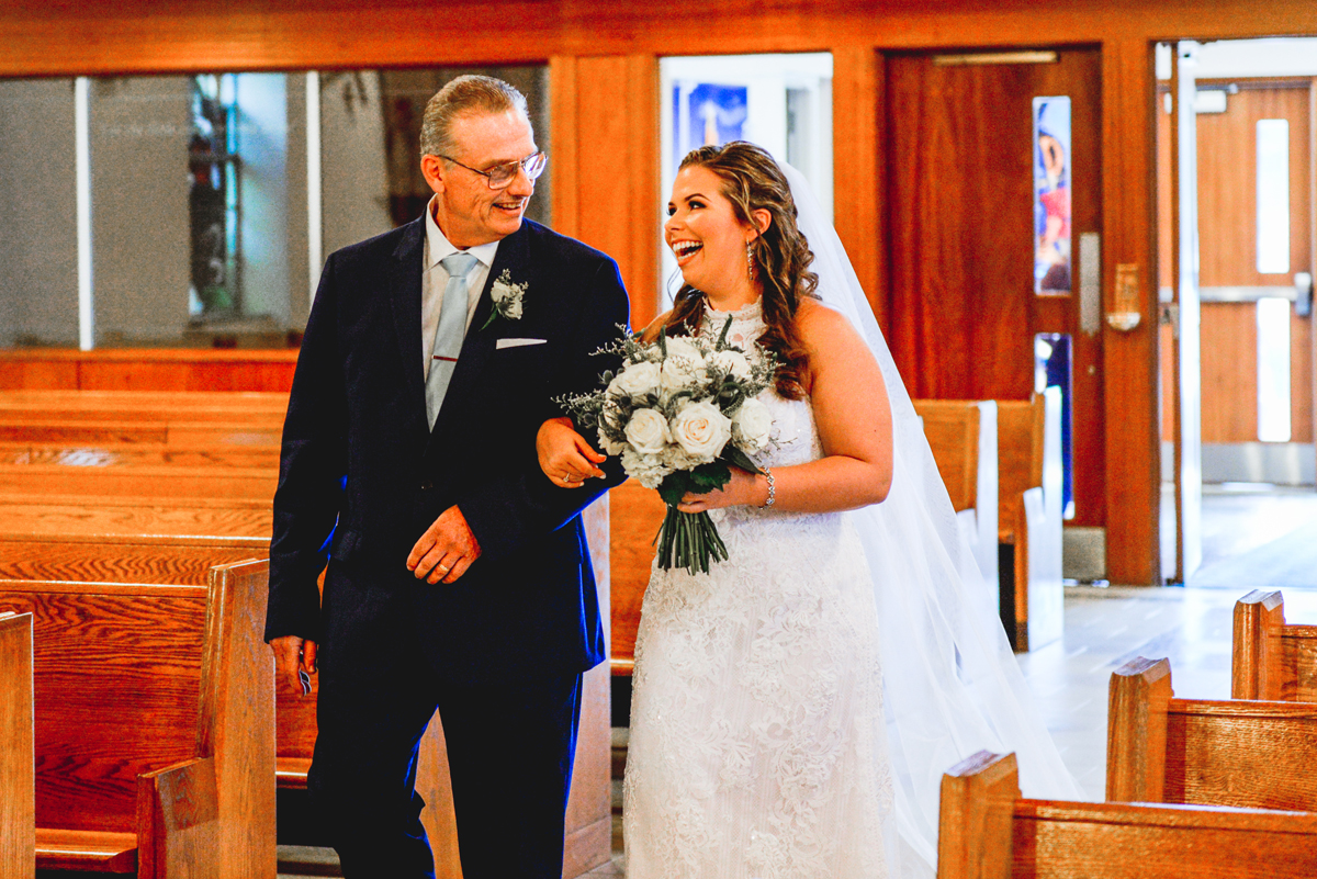 church, laughing, father, daughter, wedding