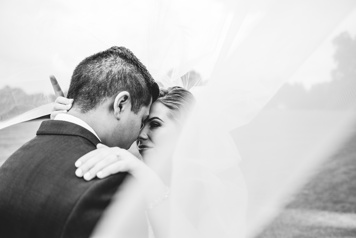 black and white, bride, groom, veil, portrait