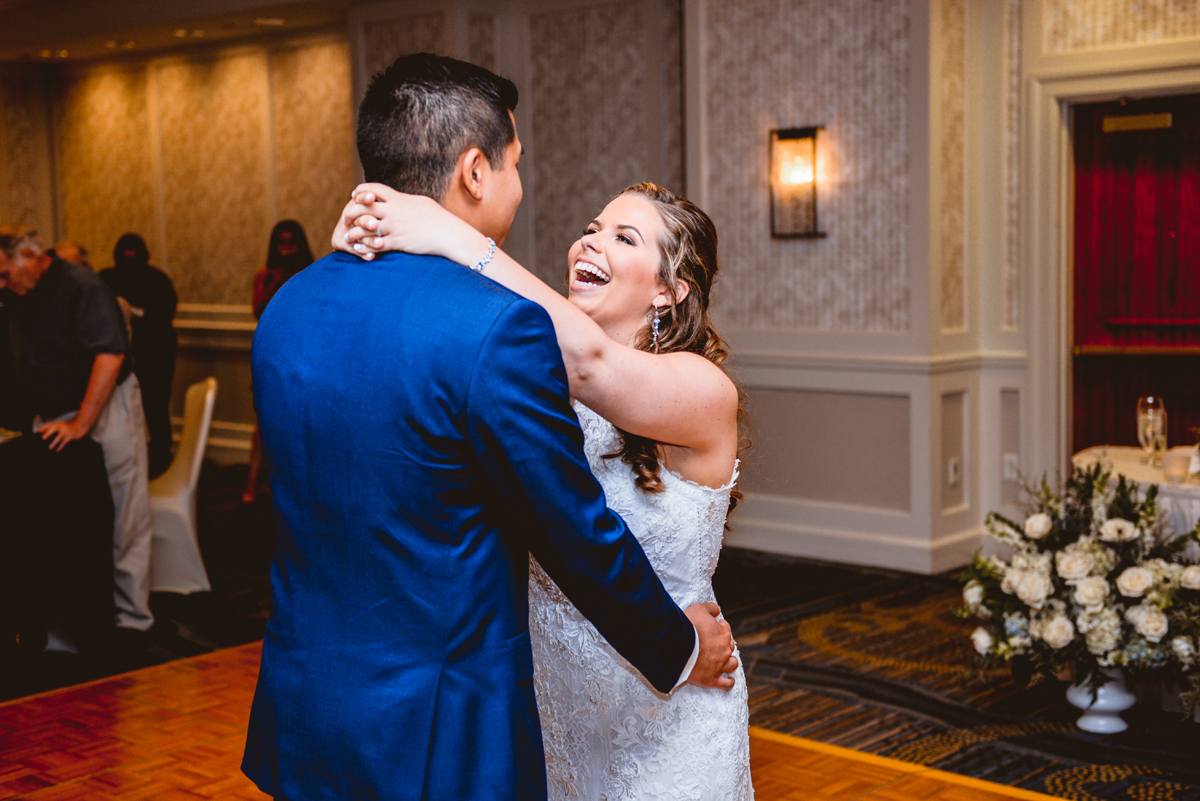 laughing, portrait, bride, groom, first dance