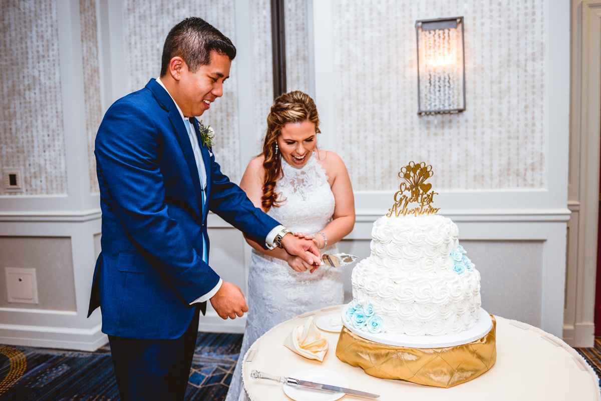 wedding cake, bride, groom, hotel, reception