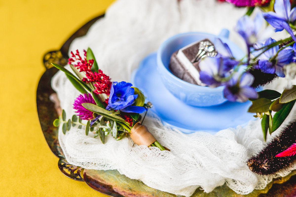 yellow, blue, pink, flowers, boutonniere 