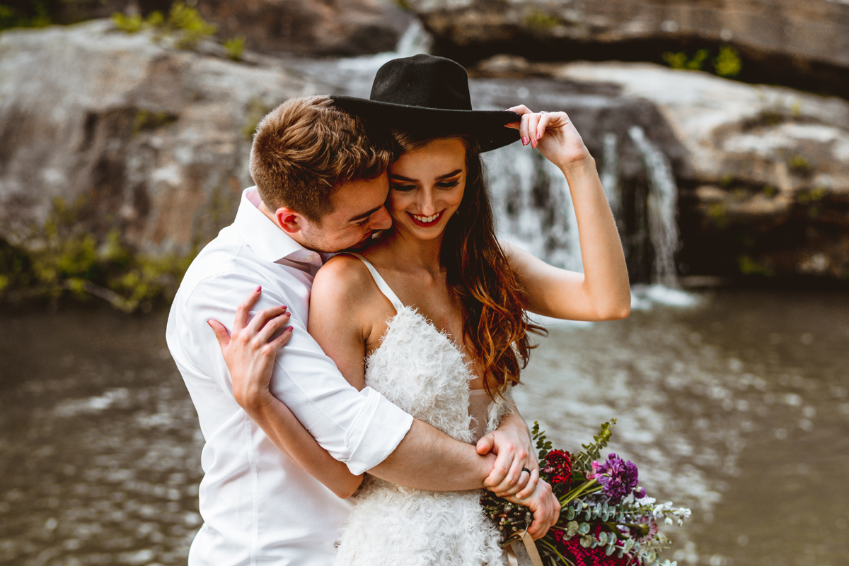 bride, hat, waterfall, wedding, elopement 