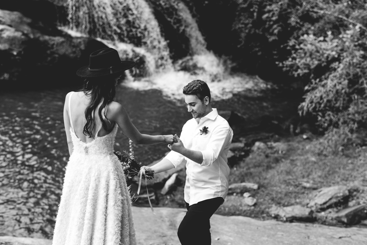 black and white, bride, groom, waterfall, hiking